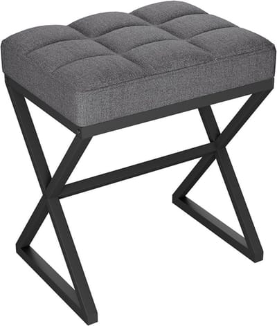 Verte Voetenbankje - Kaptafelkruk - Voetensteun van Linnen - Vierkante Poef met X-vormige Metalen Poten - Make-upkruk voor Kaptafel - Woonkamer - Slaapkamer - Hal - 40×30×46 cm - Grijs