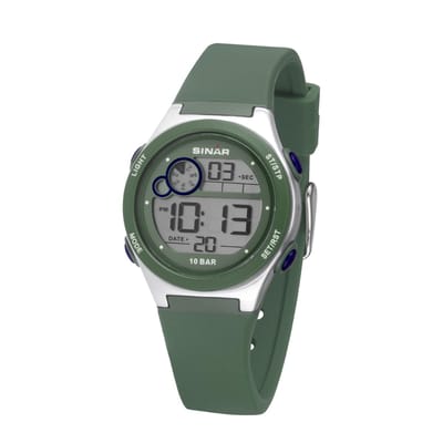 Sinar - Horloge Kind - Kinderhorloge Jongen - Tiener - 10 bar Waterdicht - Ø 34mm - Digitaal - Stevig Siliconen bandje - Verstelbaar (13.5-19 cm) - Alarm - Stopwatch - Timer - EL-licht - Edelstalen Sluiting - Quartz uurwerk - Groen / Zilver - XF 68-3