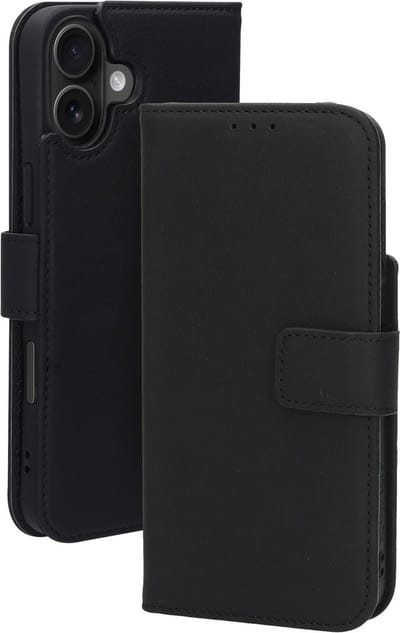 Mobiparts MagSafe Portemonnee/Boekhoesje geschikt voor Apple iPhone 16 Plus - Echt Leer - Magnetische Sluiting - Ruimte voor drie pasjes - Microvezel voering - Zwart