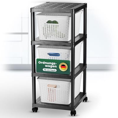Novaliv rolwagen 4 niveaus met rotan mand wit, badkamerplank badkamer keuken, opbergwagen zijwagen universele wagen schoonmaakwagen badkamerwagen opbergwagen, opbergorganizer