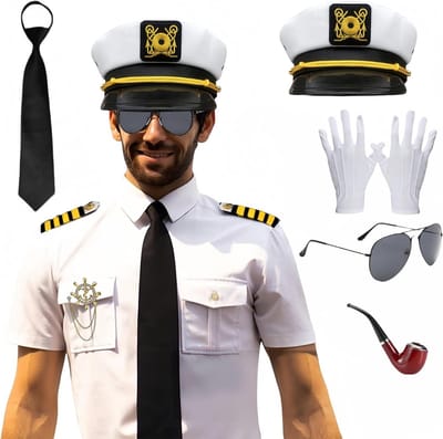Kostuum voor Mannen met Marineblauw Overhemd, Schouderflappen, Hoed en Accessoires voor Halloween en Carnaval