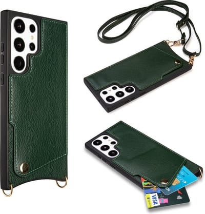 Casemania Hoesje Geschikt voor Samsung Galaxy S23 Ultra - Back Cover met Draagkoord - Pasjeshouder Hoes met Bandje - Crossbody Telefoonhoesje - Lanyard Case - Groen
