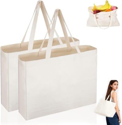 Grote Herbruikbare Katoenen Tas 45 x 35 x 8 cm, Ideaal voor Winkelen, Schilderen en Borduren met Lange Handvatten