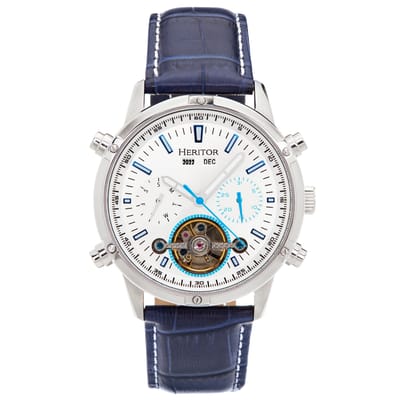 Heritor Automatic Wilhelm Semi-Skelet leren band horloge met dag/datum - zwart/zilver
