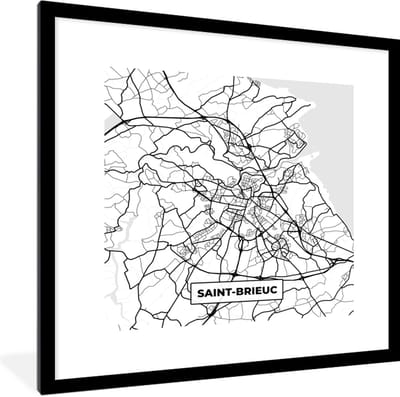 Fotolijst incl. Poster Zwart Wit- Frankrijk – Kaart – Plattegrond – Stadskaart - Saint-Brieuc - Zwart wit - 40x40 cm - Posterlijst