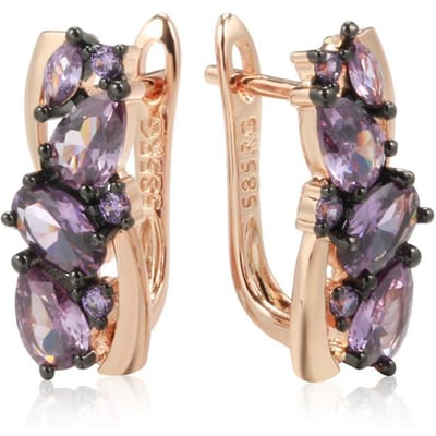 Boucles d'oreilles anglaises de luxe en zircon naturel violet pour femmes Plaqué or rose et noir Bijoux vintage pour mariage et usage quotidien beige