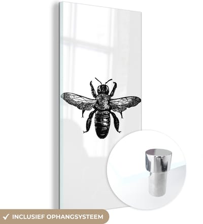 MuchoWow® Glasschilderij 20x40 cm - Schilderij acrylglas - Bij - Insect - Vintage - Zwart wit - Foto op glas - Schilderijen