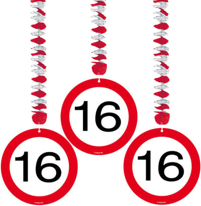 16 jaar verjaardag versiering rotorspiralen plafond - verkeersborden - 3x stuks - feestartikelen - papier