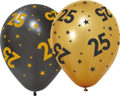 6 Ballonnen 12" 3 met goud / 3 zwart 25 jaar Golden Celebrations - Versiering Slinger Feestdecoratie Decoratie Verjaardag Jubileum Ballon Feest