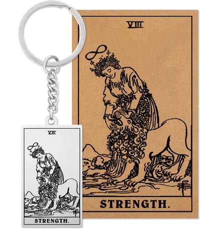 Tarot Sleutelanger VIII: Kracht / Strength - Op Cadeau Kaartje - Zilverkleurig Stainless Steel - Grote Arcana uit Rider-Waite Geïnspireerd - Pax Amare