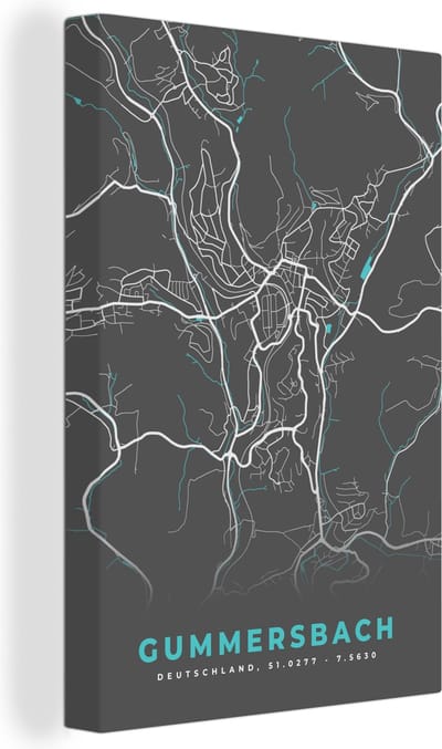 Canvas Schilderij Gummersbach – Stadskaart – Blauw – Plattegrond – Stadskaart – Kaart - Duitsland - 20x30 cm - Wanddecoratie