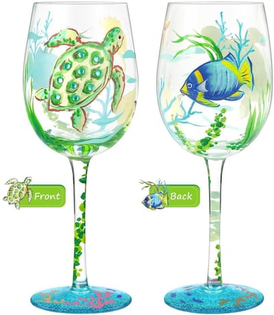 Dailygoods- Wijnglas handgeschilderd - 455 ml - ambachtelijk glas - schildpadden design - stijlvol cadeau - helder glas - Glazen