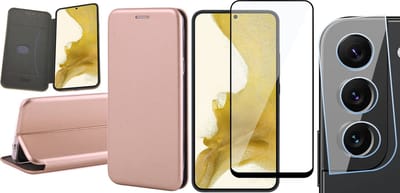 Hoesje geschikt voor Samsung Galaxy S22 Plus - Book Case Kunstlederen Wallet Cover Minimalistisch Pasjeshouder Hoes Roségoud - Full Tempered Glass Screenprotector - Camera Lens Protector