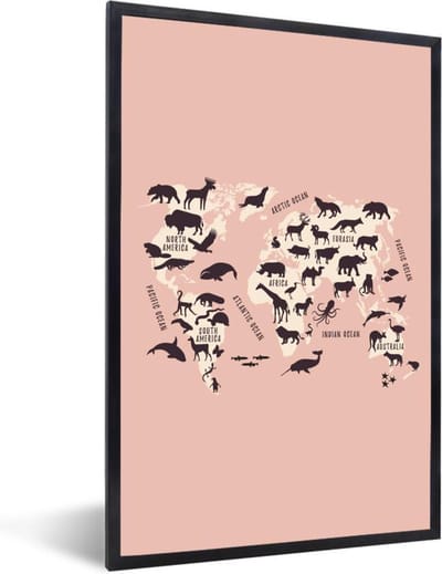 Poster in lijst - Fotolijst 60x90 cm - Posters - Wereldkaart - Dieren - Silhouet - Posterlijst zwart - Decoratie - Wanddecoratie woonkamer - Muurdecoratie slaapkamer
