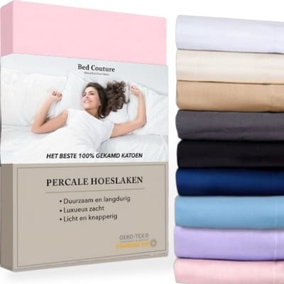 Bed Couture - Percale Hoeslaken van 100% hoogwaardig imperial weave Katoen - Eenpersoons 100x200cm - Hoekhoogte 30cm - Ultra zacht en soepel - Roze
