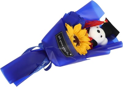 Afstudeerbeer Boeket - Pluche Beer Bloemen - Cadeau Geven - Met Zonnebloemen Rozen - 27.5 cm - Blauw