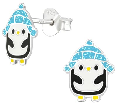 Joy|S - Zilveren pinguïn oorbellen - 8 x 10 mm - glitter blauw ijs mutsje