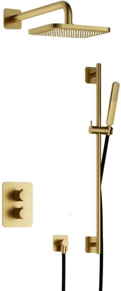 Hotbath Gal - Inbouw Regendoucheset - Geborsteld Messing PVD - Thermostatisch - Wandarm 35 cm - Hoofddouche 220 mm - Staafhanddouche - Glijstang 900 mm - met 2-Weg Stop-Omstel