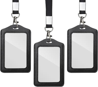 3 Stuks ID Kaart Houder met Strap - Leren Zwarte Dubbelzijdige ID Kaart Cover voor Kantoor, School en Tentoonstellingen - Transparante Service ID Kaart Houder en Buskaart Houder