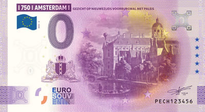 0 Euro biljet Nederland 2025 - Amsterdam VI Gezicht op Nieuwezijds Voorburgwal