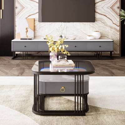 Wishdor Stapelbare bijzettafels set – modulair 2-delige tafels met marmerlook blad, glasplaat, zwart metalen frame en lade