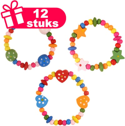 Henbrandt - 12 Stuks Kleurrijke Houten Kralenarmbanden - Armbandjes - Traktatie uitdeelcadeautjes voor kinderen & peuters - Traktaties en kinderverjaardagen - Klein grabbelton speelgoed voor in traktatie uitdeelzakjes