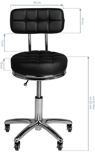 Cosmetische Ergonomische Kruk AM-877 Zwart – Met Rugleuning – In Hoogte Verstelbaar – Op Wielen – Voor Salon en Praktijk