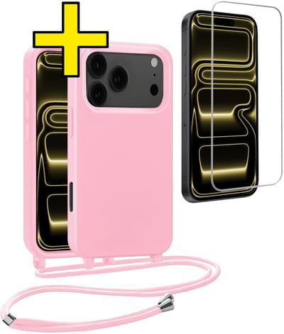 Hoesje Geschikt voor iPhone 17 Pro Hoesje Met Koord Met Screenprotector Siliconen Case - Hoes Geschikt voor iPhone 17 Pro Backcover Met Afneembaar Koord - Lichtroze