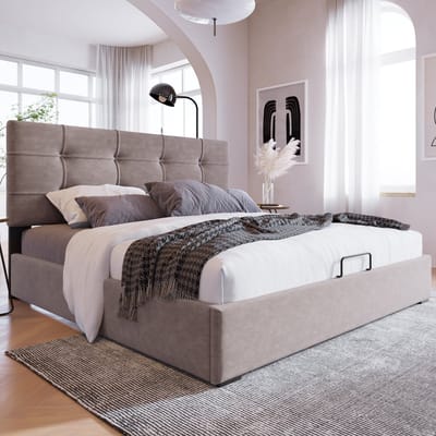 Sweiko Hydraulisch tweepersoonsbed gestoffeerd bed 140x200cm, Verstelbaar hoofdeinde, Bed met metalen frame lattenboden, Fluweel, Modern bedframe met opbergruimte, Lichtgrijs
