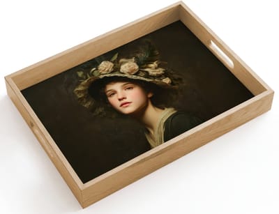 Dienblad hout 40x30 cm - Schootdienblad - Bloemenhoed - Portret - Vrouw - Borrelplank rechthoek - Plateau dienbladen