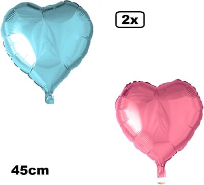 2x Folieballon Hart lichtblauw en lichtroze (45 cm) - trouwen huwelijk bruid hartjes ballon feest festival liefde white