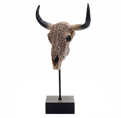 Decoratief staand figuur koeienschedel MCW-D30, stierenkop dierenkop koeienkop trofee met trival, polyresin 47x30x12cm