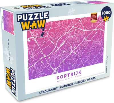 Puzzel Stadskaart - Kortrijk - België - Paars - Legpuzzel - Puzzel 1000 stukjes volwassenen - Plattegrond