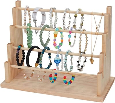 Houten Armbandhouder met 4 Tiers voor Sieraden, Bangle en Scrunchie Organizer, 32x15x24cm, Ideaal voor Thuis en Winkels