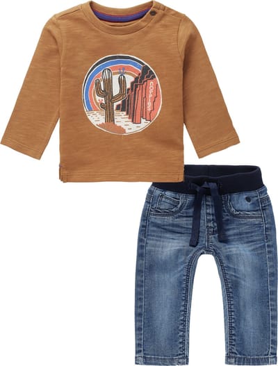 Noppies - Kledingset - 2delig - Broek Jeans blauw - Shirt bruin met print - Maat 74