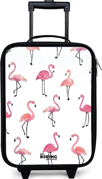 NoBoringSuitcases.com® - Kinderkoffer jongen - Kindertrolley meisje - Flamingo feestje - Koffer kind lichtgewicht - Reiskoffer trolley voor kinderen - Koffertje met lichtgevende wieltjes - Rolkoffer zwart