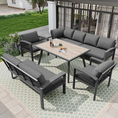 Tuinmeubelset 8 Personen met Hoekbank en Tafel 234x69x86 cm – Outdoor Loungeset van Verzinkt Staal & Handgevlochten Touw met Dikke Kussens – Weerbestendig voor Tuin, Balkon & Terras – Grijs – Laura
