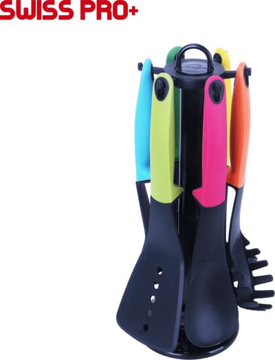 Swiss Pro+| 7-delig siliconen keukengerei set met houder - Keuken Carrousel - Multi Colour