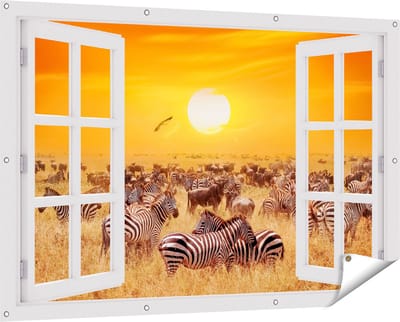 Gards Tuinposter Doorkijk Kudde Zebra's bij een Oranje Zonsondergang - 150x100 cm - Tuindoek - Tuindecoratie - Wanddecoratie buiten - Tuinschilderij