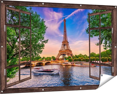 Gards Tuinposter Doorkijk Eiffeltoren in Parijs aan het Water - Kleur - 150x100 cm - Tuindoek - Tuindecoratie - Wanddecoratie buiten - Tuinschilderij