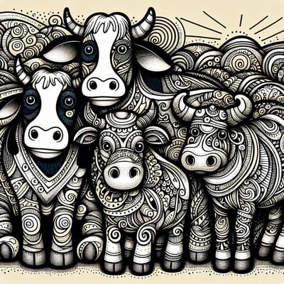Doodle koeien schilderij | Boerse verbeelding: Vrolijke koeien dansen op papiercanvas rond | Kunst - 40x40 centimeter op Canvas | Foto op Canvas