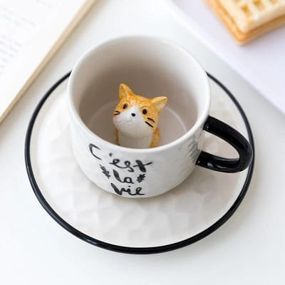 Cat Relief Keramische Mok met Schotel, 3D Dier Kattenpoot, Porseleinen Kop, Koffie Melk Thee Handvat, Nieuwigheidscadeaus 200ml