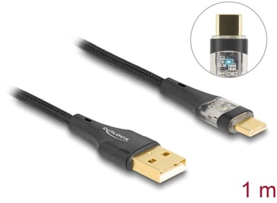 Delock USB 2.0 Cable Type-A male to USB Type-C™ male with Fast Charging 60 W transparent 1 m