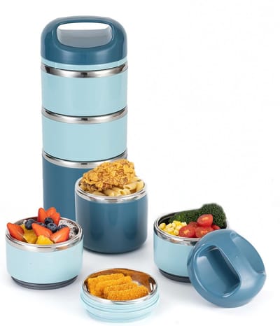 Broodtrommel - lunchbox - lunchbox volwassenen - Soepbeker - RVS - drielaags - Perfect voor het bereiden van maaltijden onderweg, stapelbare voedselcontainers - blauw