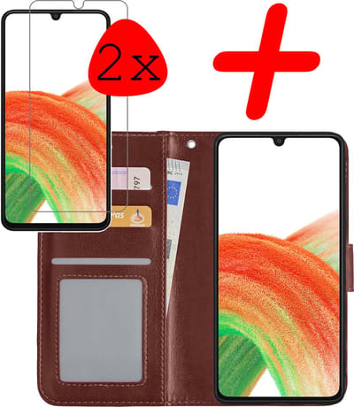 Hoesje Met 2x Screenprotector - Geschikt voor Samsung Galaxy A33 - Luxe Pasjeshouder - Bookcase Portemonee - Flip Case - Kunstleer Book Case - Flipcase Hoes - Book Cover - Walletcase - Portemonneehoes - Bruin