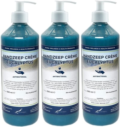Handzeep Crème Eucalyptus 500 ml - set van 3 stuks - met gratis pomp - Voordeelverpakking