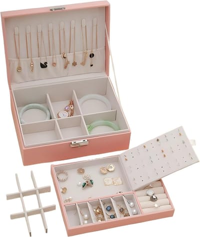 Opbergdoos Sieraden - Sieradendoosje Tas - Reizen Opslag - Dubbele Laag - Compact Formaat - Roze