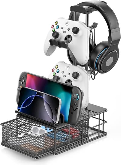 Hoofdtelefoonstandaard met Lade en Kabelorganizer - Desk Holder voor Controllers en Gaming Accessoires, Aluminium Ondersteuningsbalk voor Hoofdtelefoons en Oordopjes