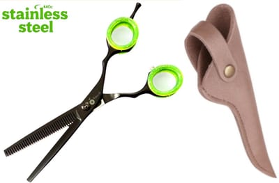 Professor Q – Professionele Effileerschaar – Zwart – Groen – 16,5 cm – Inclusief Luxe Lederen Etui – Brons