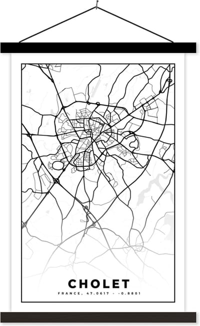 Posterhanger incl. Poster 40x60 cm - Schoolplaat - Kaart - Plattegrond - Frankrijk - Cholet - Stadskaart - Zwart wit - Textielposter - Zwarte latten - Stadskaart